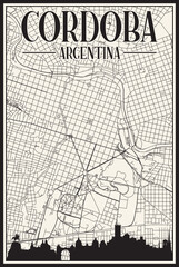 White vintage hand-drawn printout streets network map of the downtown CORDOBA, ARGENTINA with highlighted city skyline and lettering