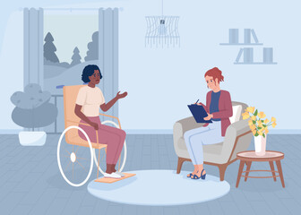 Disabled woman at psychotherapy flat color vector illustration. Trauma rehabilitation. Psychologist appointment. Fully editable 2D simple cartoon interior with therapist office on background