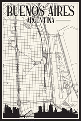 White vintage hand-drawn printout streets network map of the downtown BUENOS AIRES, ARGENTINA with highlighted city skyline and lettering