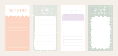 Collection of weekly or daily planners, note paper, to do lists, sticker templates.Cute doodle daily planner. Childish design of check list, meeting. Fashion planner or organizer. Vector stock graphic