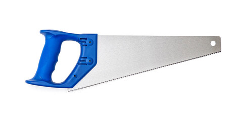 Steel hand saw with plastic blue handle isolated on white, top view