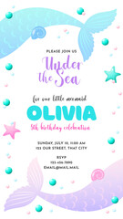 Mermaid birthday party invitation template. Under the sea background decorated with mermaid tails. Can be used for web, social networks and stories. Vector 10 EPS.