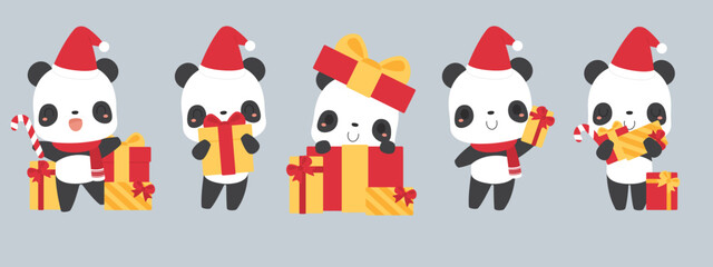 Set of cute panda bear cartoon characters wearing Santa hat, holding gift boxes. Festive Christmas holiday season concept. Flat vector illustration.  © K Ching Ching