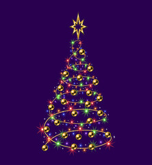 Fancy christmas tree made of festive colorful garland, gold balls, bethlehem gold star on top. Glowing sparkles, stars on wire strings. Spiral shape of tree. No transparency effect