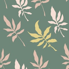 Seamless background with pale pink twigs and leaves on a green background. A collage of yellow and pink twigs with leaves on a khaki background. Minimalist work with plants silhouette.