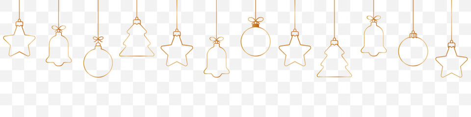 Christmas ball golden line icon.Set of simple golden christmas balls isolated on transparent background.Holiday christmas decoration.Christmas and New Year seamless banner or border.
