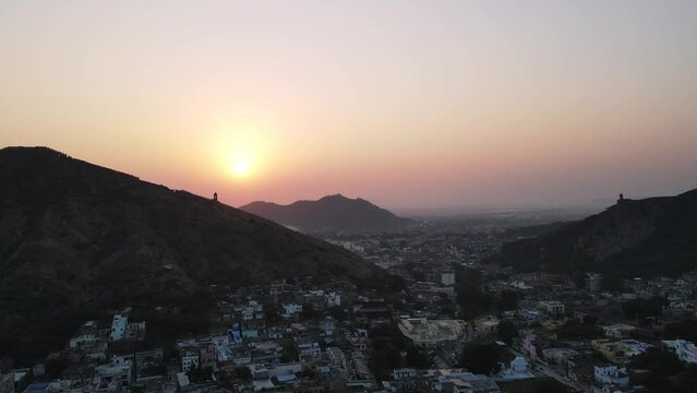 aerial colourful sunrise in old jaipur in amer town travel destination in Rajasthan region india 
