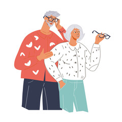 Elderly loving happy couple for family day, healthcare and social support of seniors concept, flat vector illustration isolated on white background. Elderly family, grandparents day concept.