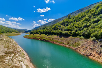 Amazing view of curvy, meandering Zavoj lake on Old Mountain, Serbia. Zavojsko Lake near Pirot