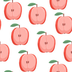 Vector seamless pattern with half of red apple in hand drawn cartoon style