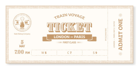 Train ticket template in vintage style, light. For train tours, excursions, retro parties, clubs and other projects. Vector, can be used for printing. Just add your text. - obrazy, fototapety, plakaty