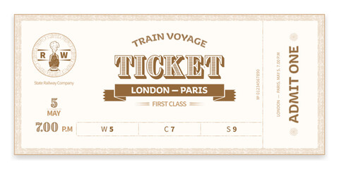 Train ticket template in vintage style, dark. For train tours, excursions, retro parties, clubs and other projects. Vector, can be used for printing. Just add your text. - obrazy, fototapety, plakaty