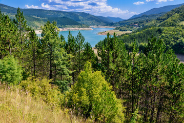 Fototapeta na wymiar Amazing view of curvy, meandering Zavoj lake on Old Mountain, Serbia. Zavojsko Lake near Pirot