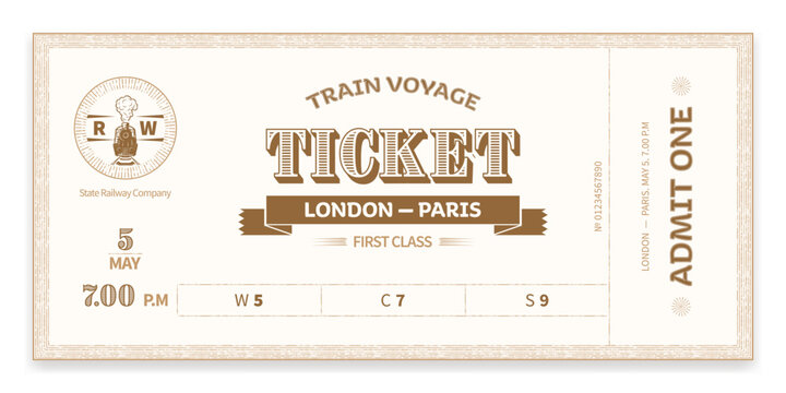 Train ticket template in vintage style, dark. For train tours, excursions, retro parties, clubs and other projects. Vector, can be used for printing. Just add your text.