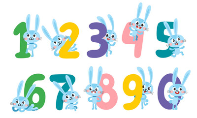 Collection number with cute cartoon rabbit isolated on white.
