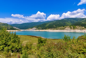 Fototapeta na wymiar Amazing view of curvy, meandering Zavoj lake on Old Mountain, Serbia. Zavojsko Lake near Pirot
