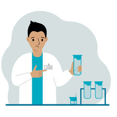 Male scientist with flasks. Experimental scientist, laboratory assistant, biochemistry, chemical, scientific research.