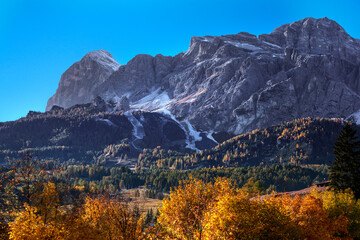 Fototapeta premium Dolomites panorama in November with coloured trees in a sunny day, Italy
