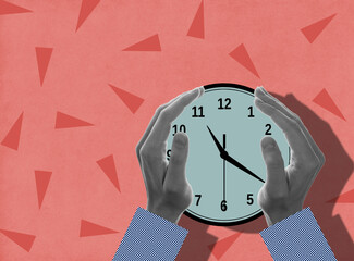 Hands hold a clock. Contemporary art collage. copyspace.