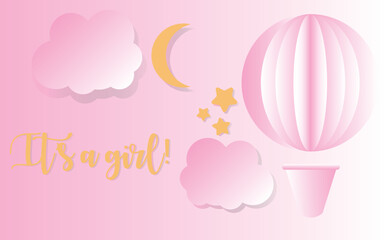 card with pink ribbon baby shower pink gradient background with cortoon air balloon, stars, moon and paper cut hearts it's a girl