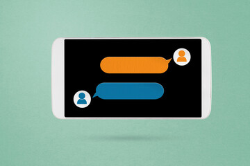 mobile phone with  paper cut of blank speech bubble on grunge green background for customer feed back or chatting concept