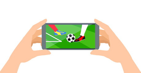 human hands holding smartphone online internet stream football soccer  players legs kick the ball on field vector illustration  © tarikdiz