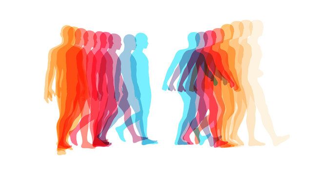 Transparent overlapping colors silhouettes. Walking man. Animation frames. Vector illustration for print, web site, poster, placard or wallpaper.