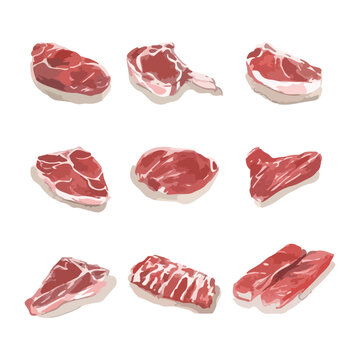 Set of raw beef steaks. Watercolor vector illustration.