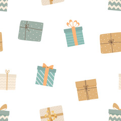 Christmas seamless pattern with diffirent gift boxes. New year, holidays, birthday presents on white background. Wrapping paper, textile, greeting cards. Vector illustration
