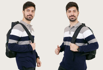 Student. Indian Pakistani guy student with backpack and Thumbs up. Pakistani Student wearing bag and smiling toward the camera. College and University Student with Bag on Shoulder. Happy young student