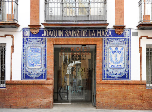 Old Saimaza coffee factory in Seville, now a tourist hostel, Andalusia, Spain. Advertising tiles from Spain