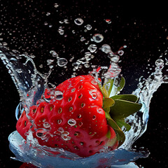 Strawberry realistic splash in fresh water. Fruit and yogurt. 3d illustration.
