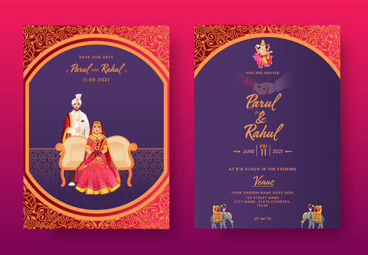 Hindu wedding invitation card or template with bride and groom character and other decorative ornament.