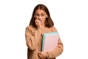 Young student woman holding a books isolated biting fingernails, nervous and very anxious.