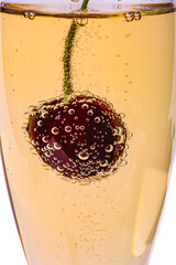 Cherry in a champagne glass, covered with gas bubbles, macro photography