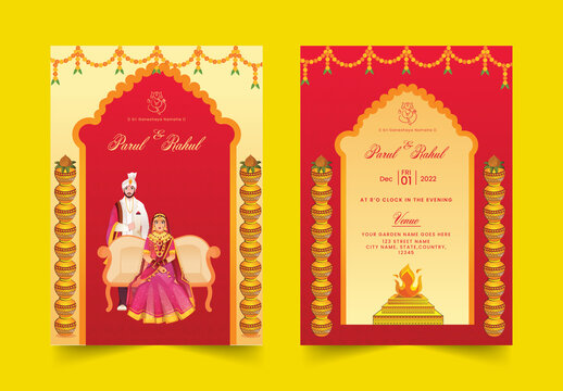 Hindu wedding invitation card and template with bride and groom character, other decorative  elements background.