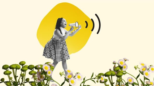 Young girl in retro style outfit with megaphone isolated on abstract background. Contemporary art collage. Inspiration, idea, trendy. 2D stop motion animation