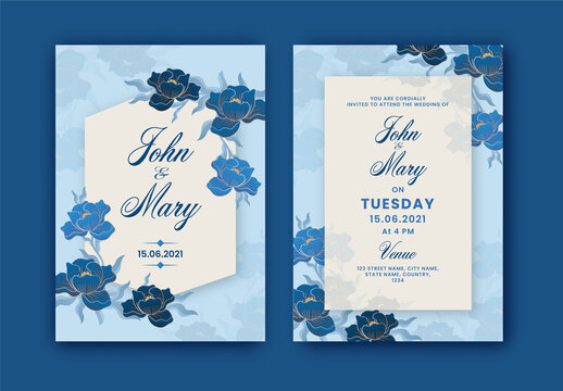 Elegant wedding menu card design, decorated with flowers on blue background.