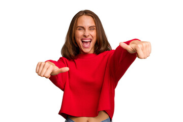 Young caucasian woman isolated raising both thumbs up, smiling and confident.