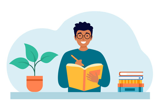 Young man writing diary or journal on notebook in flat design. Writer concept vector illustration. Teenage student doing homework.