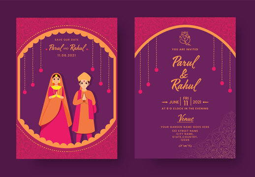 Hindu wedding invitation card template with traditional bride and groom character illustrations and other decorative elements. 