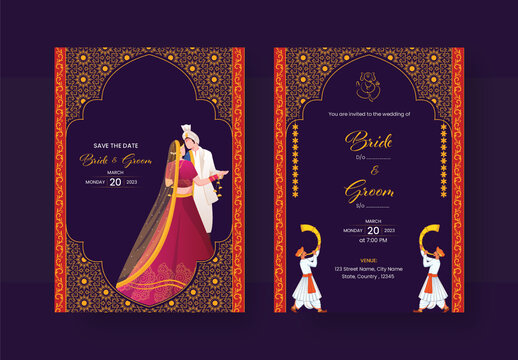 Hindu wedding invitation card template with  bride and groom character illustrations and other decorative elements. 