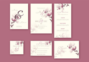 Beautiful watercolour floral decorated wedding invitation template or stationery set.
