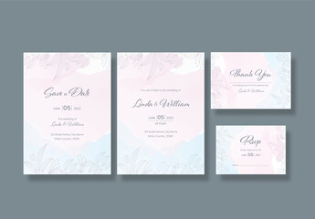 Minimal watercolor, floral wedding invitation template or stationery set.