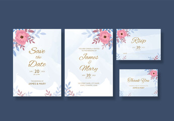 Pink floral decorated wedding invitation template or stationery set.