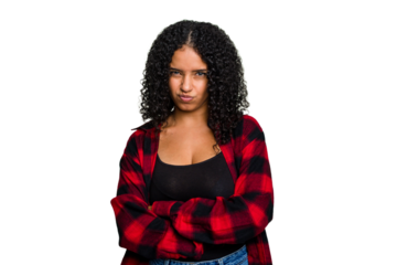 Young cute brazilian woman isolated frowning face in displeasure, keeps arms folded.