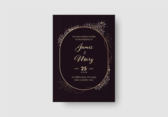 Minimal dark colour floral decorated wedding invitation template.