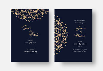 Golden mandala design decorated blue color, wedding invitation template.