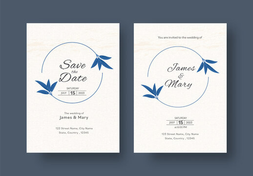 Blue flower decorated wedding invitation template .