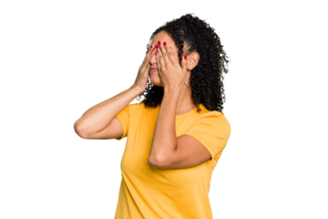 Young cute brazilian woman isolated afraid covering eyes with hands.